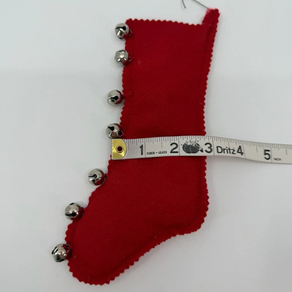 Vtg Red Felt Cat Pet Christmas Stocking Silver Jingle Bells Hanging Ornament
